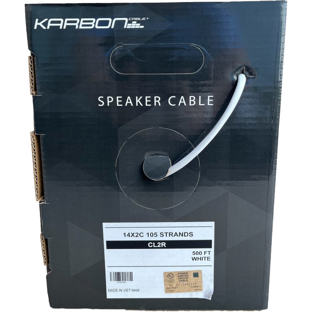 Karbon Wire K5502 14/2 105 Stranded OFC Speaker Cable 500' Reel in Box - White
