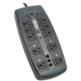 Tripp Lite by Eaton 10-AC Outlet, Telco, and Coax 3,345 Joules Protect It! Surge Protector Power Strip, 8-Ft. Cord with Right-Angle Plug
