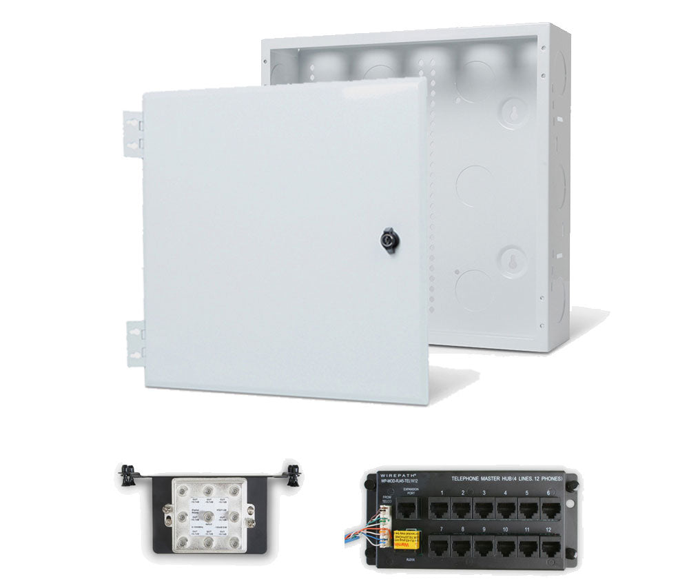 Wirepath 14" Enclosure Kit with Hinged Metal Door, 1x12 RJ45 Telephone, and 1x8 Video Modules